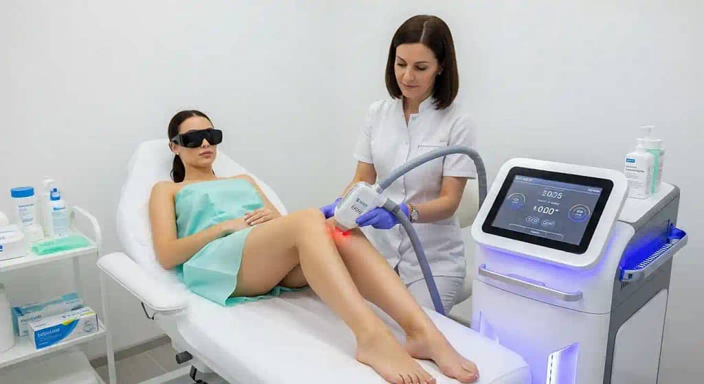 Woman getting laser hair removal on legs in clinic