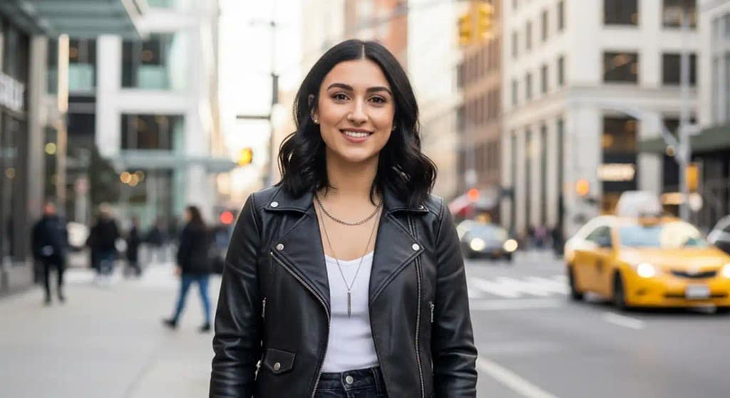 A Modern Women standing on a road wearing hypoallergenic nose piercing jewelry 