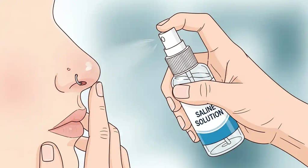 Cleaning typical gauge for nose piercings​ with saline solution 