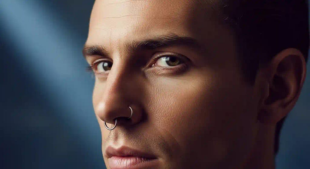 Man with eagle nose and hoop piercing - what gauge is a nose piercing 