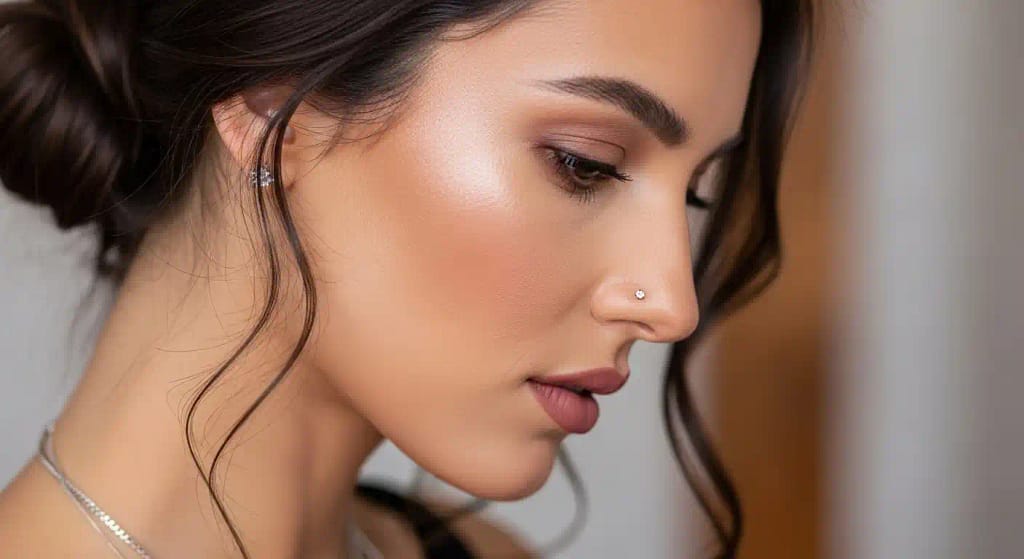 Woman with straight Greek nose and small stud - different type of nose piercings