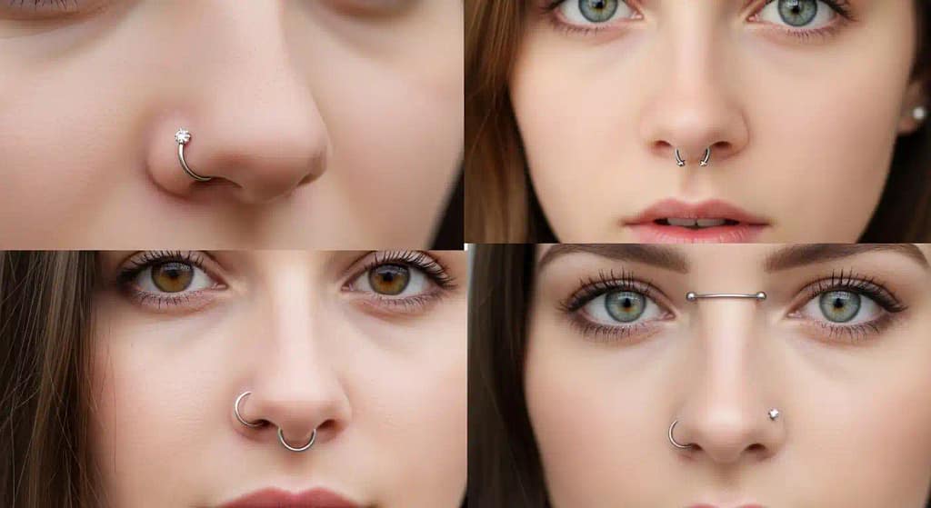 Different types and sizes of nose piercings collage 