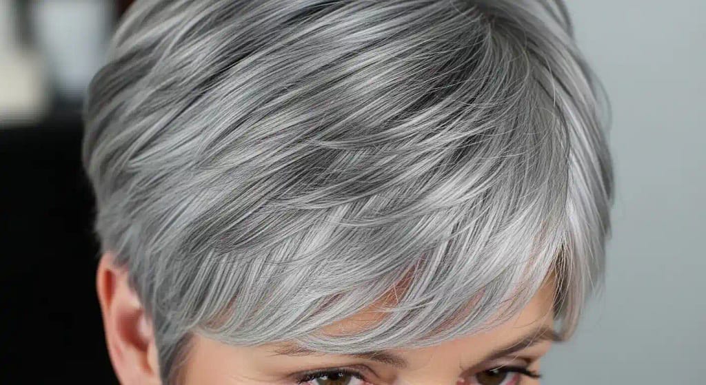 Stylish short gray hair on a mature woman with volume and shine