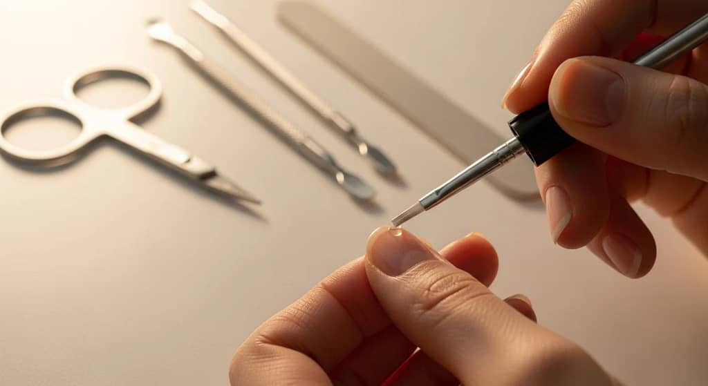 Woman applying nail glue on her nail with brush applicator