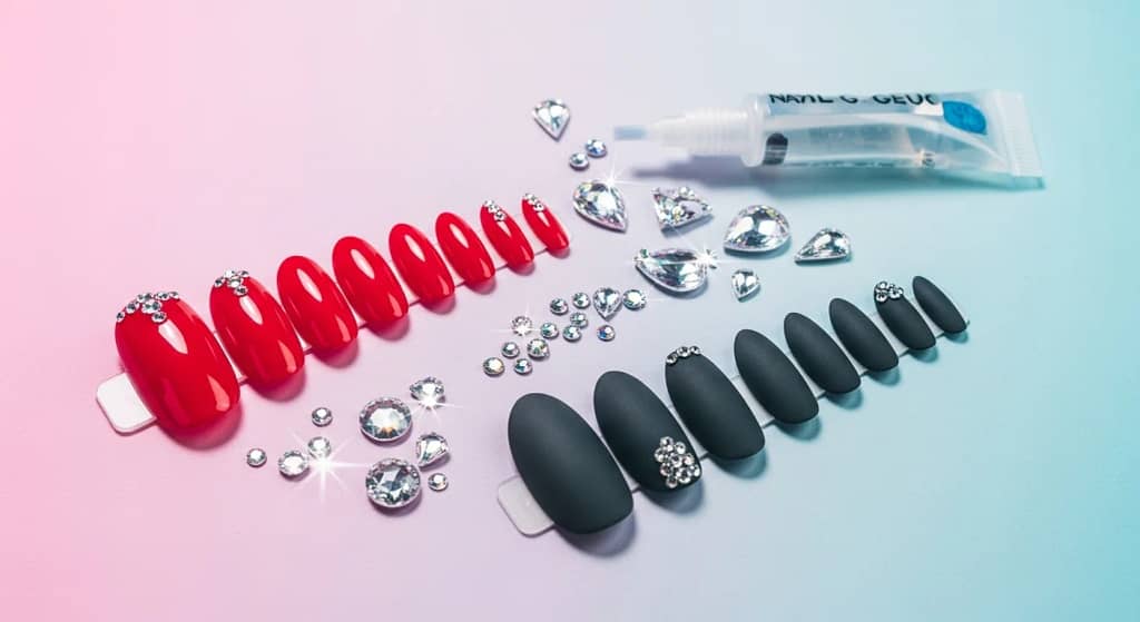 Red and black glue-on nails with rhinestone decorations