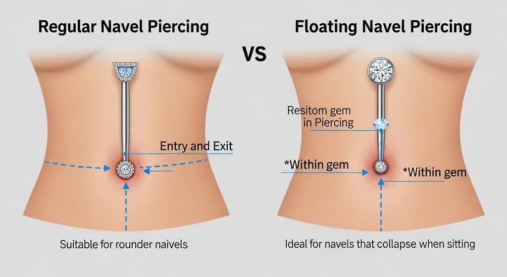Comparison of floating belly button piercing and traditional belly button piercing placement