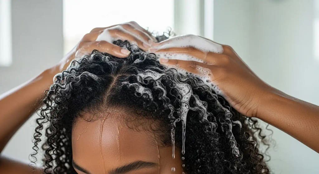 Woman using Affirm MoisturRight shampoo on natural curly hair