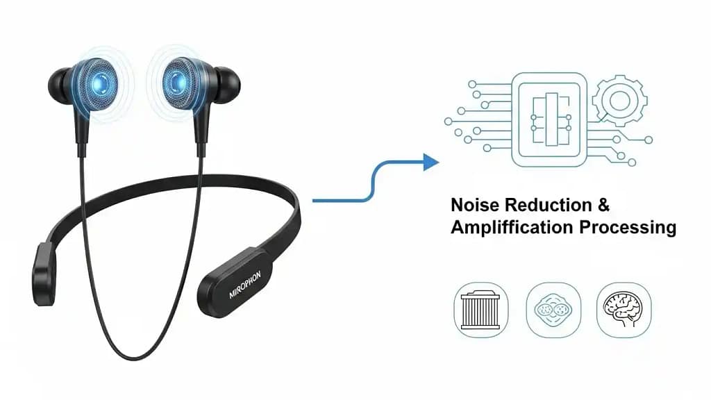 Diagram showing the working process of a neckband hearing aid with sound capture, processing and output to one ear.