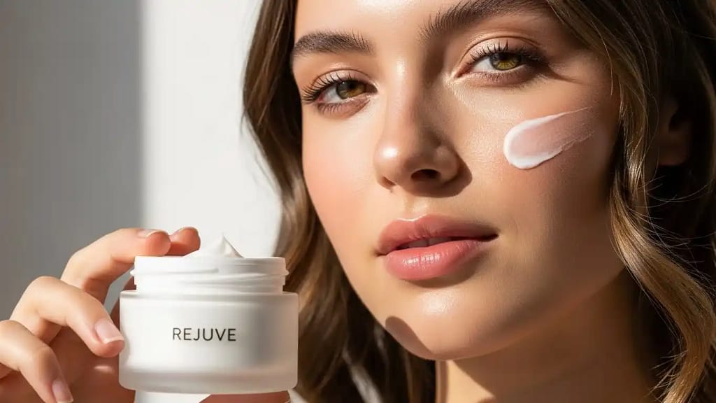 A woman with glowing skin holding a skincare cream jar in natural light.