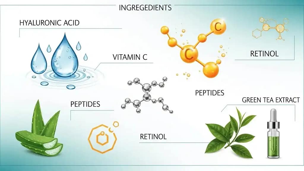 Infographic showing key skincare ingredients like hyaluronic acid, peptides, vitamin C, and retinol.