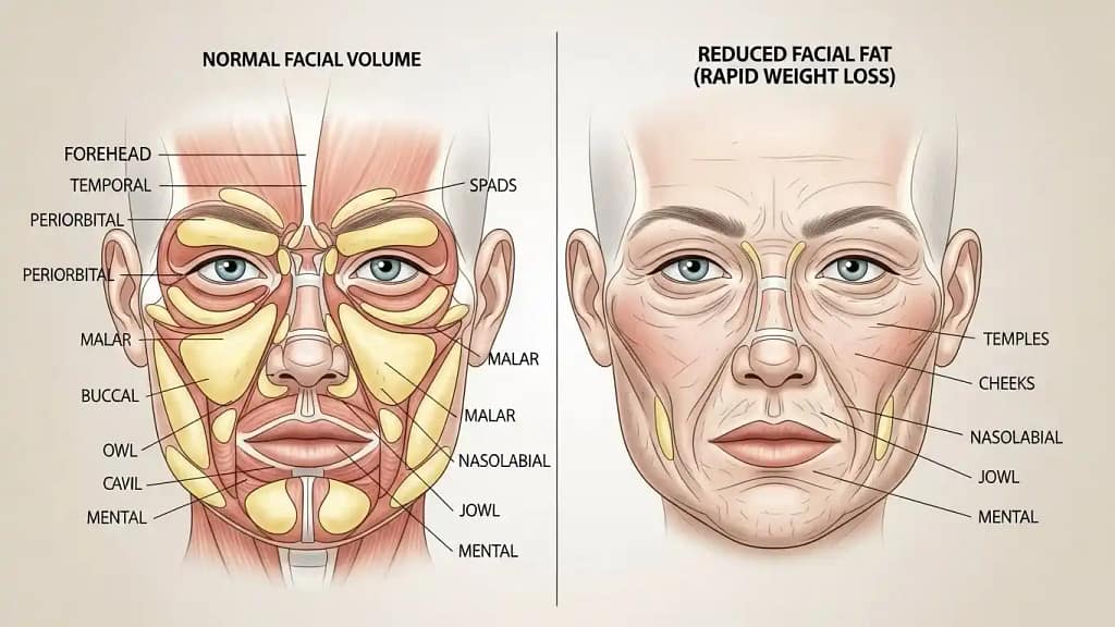 Illustration showing how rapid weight loss reduces facial fat and affects skin elasticity