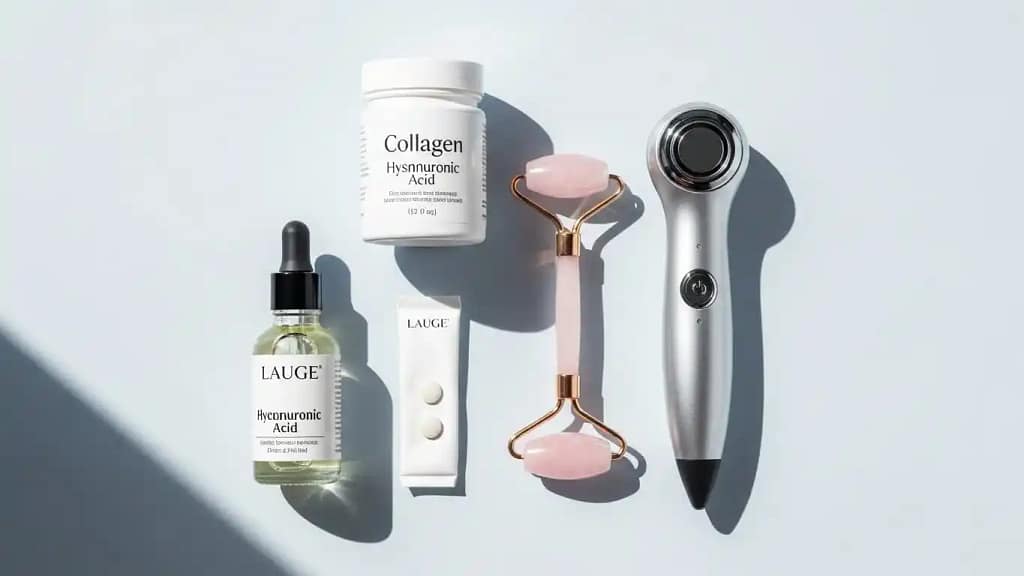 Natural alternatives for Ozempic face including skincare products and facial tools