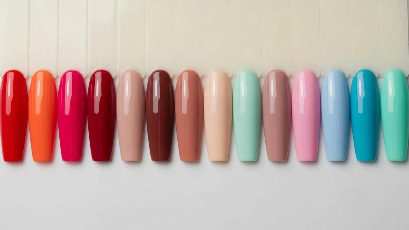 Various 7 star professional nail colors​ shades displayed on nail swatches showing bright pigmentation