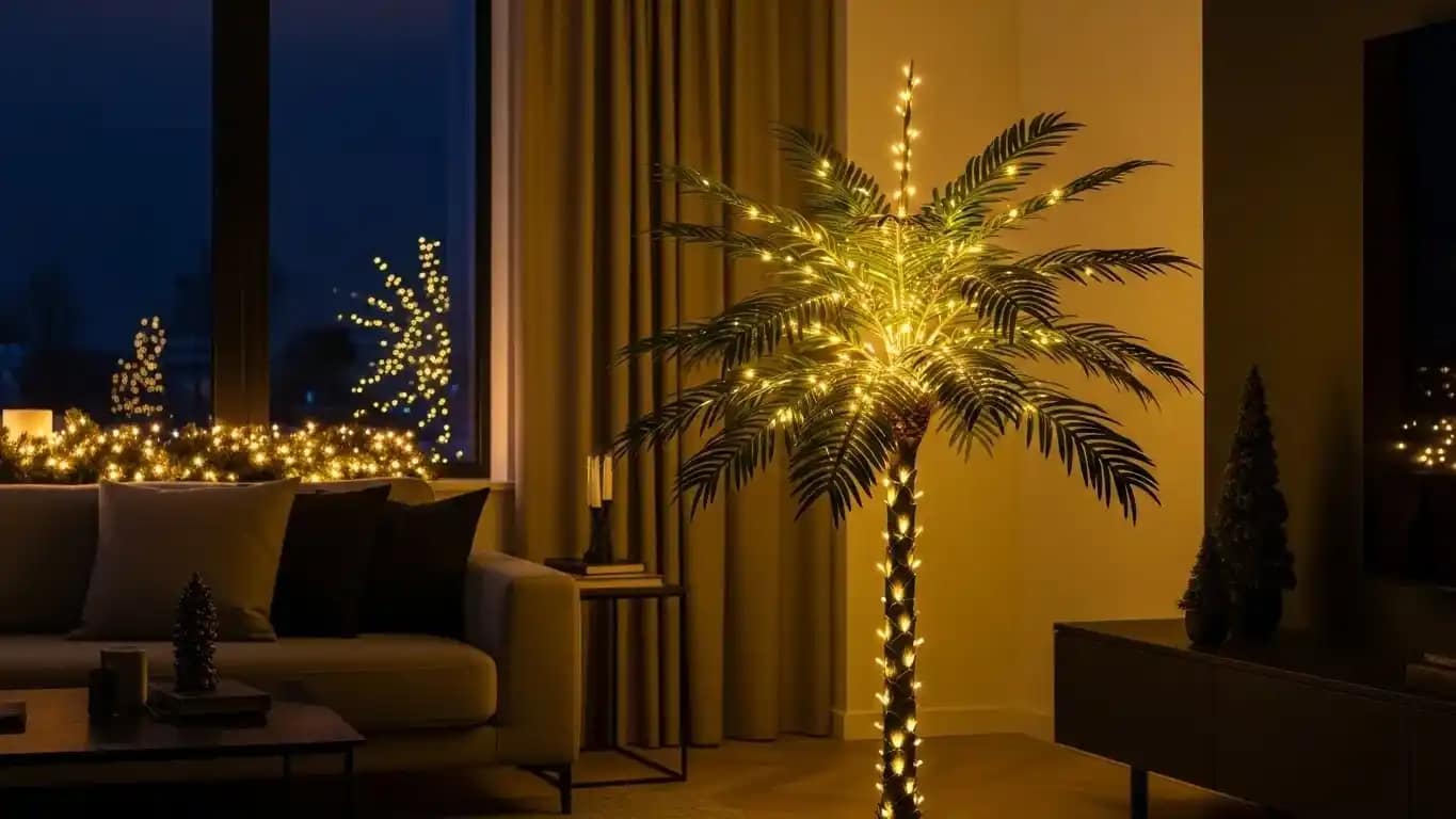 Artificial Christmas Palm Tree with 256 LED lights displayed in a modern living room