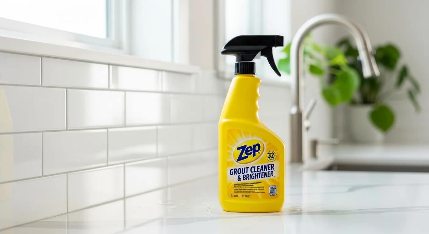 Zep Grout Cleaner placed on kitchen counter with bright backsplash grout lines