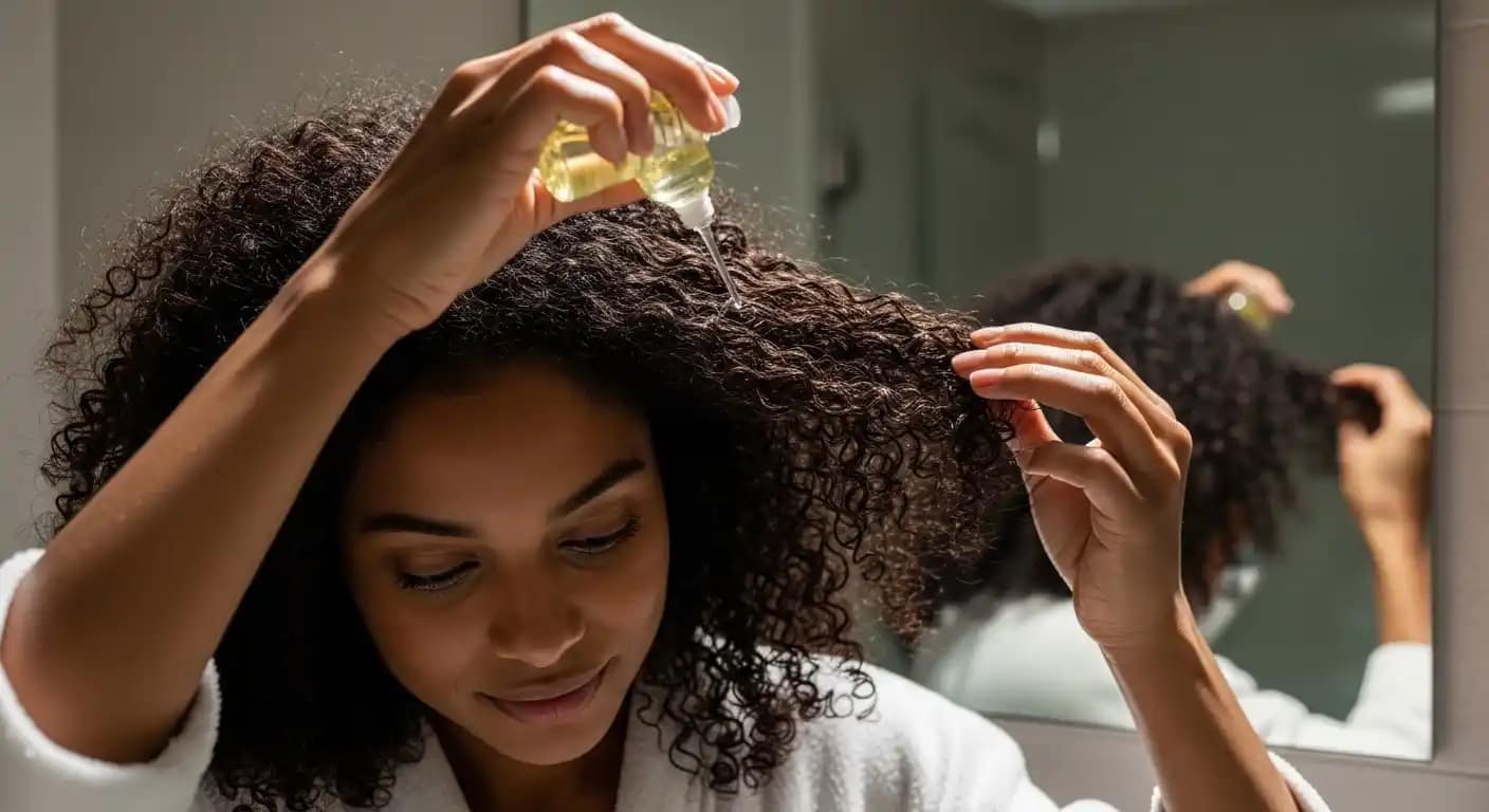 Woman applying hair oil to fine curly hair