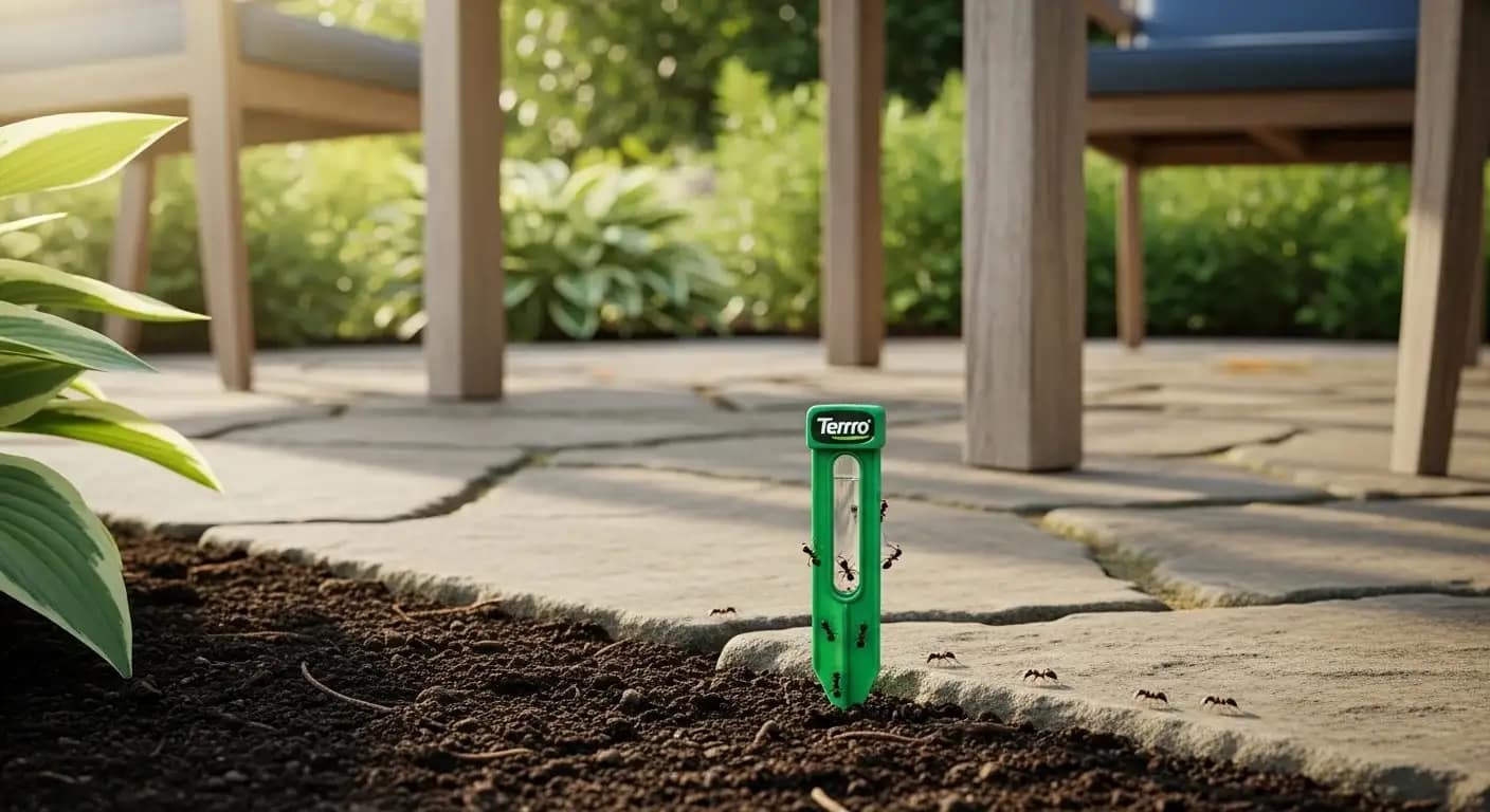 Terro T1812SR Outdoor Liquid Ant Bait Stake placed in garden soil to attract ants