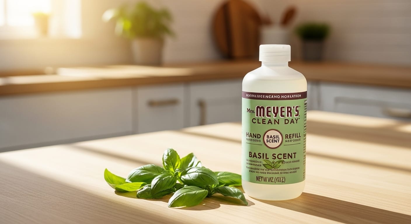 Mrs Meyers Clean Day Basil Hand Soap Refill bottle on kitchen counter with basil leaves