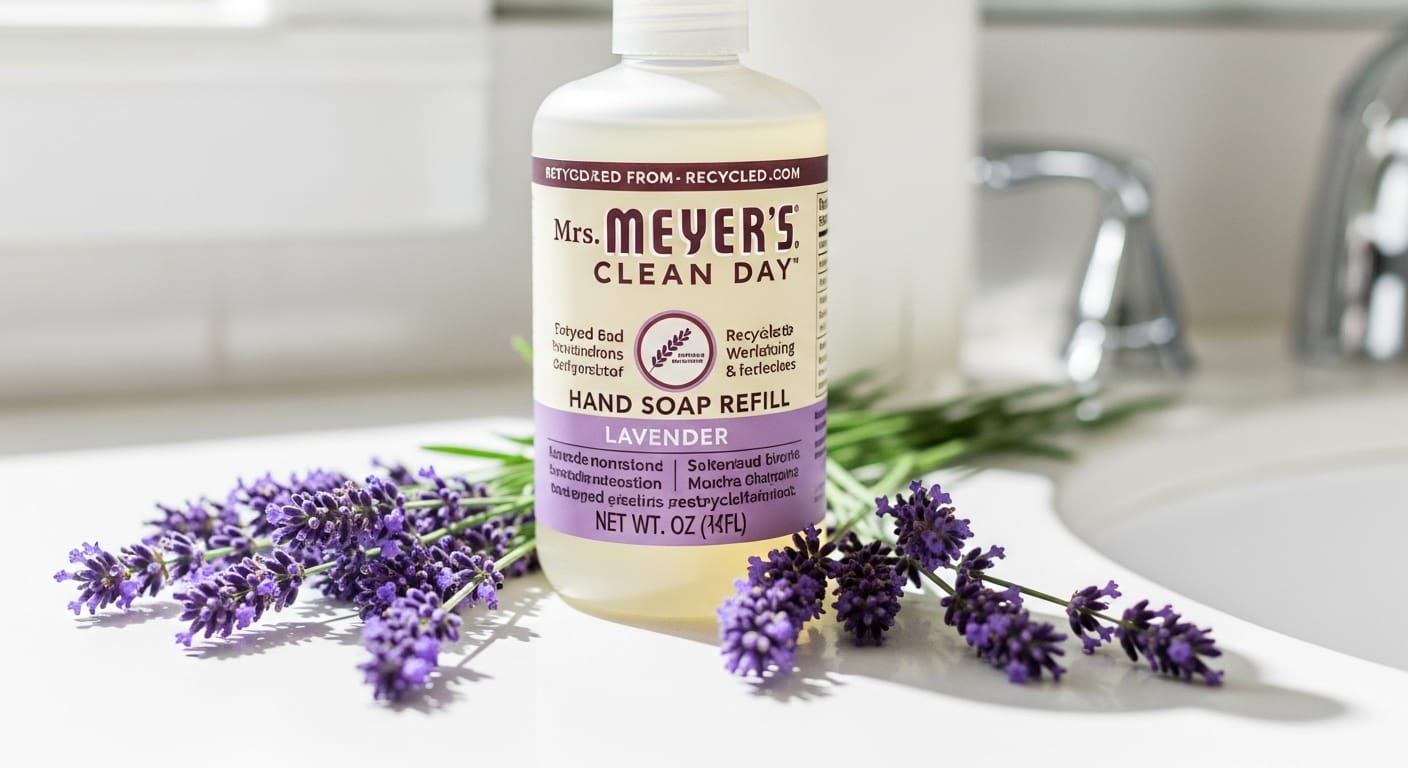 Mrs Meyers Clean Day Hand Soap Refill Lavender bottle placed with fresh lavender flowers