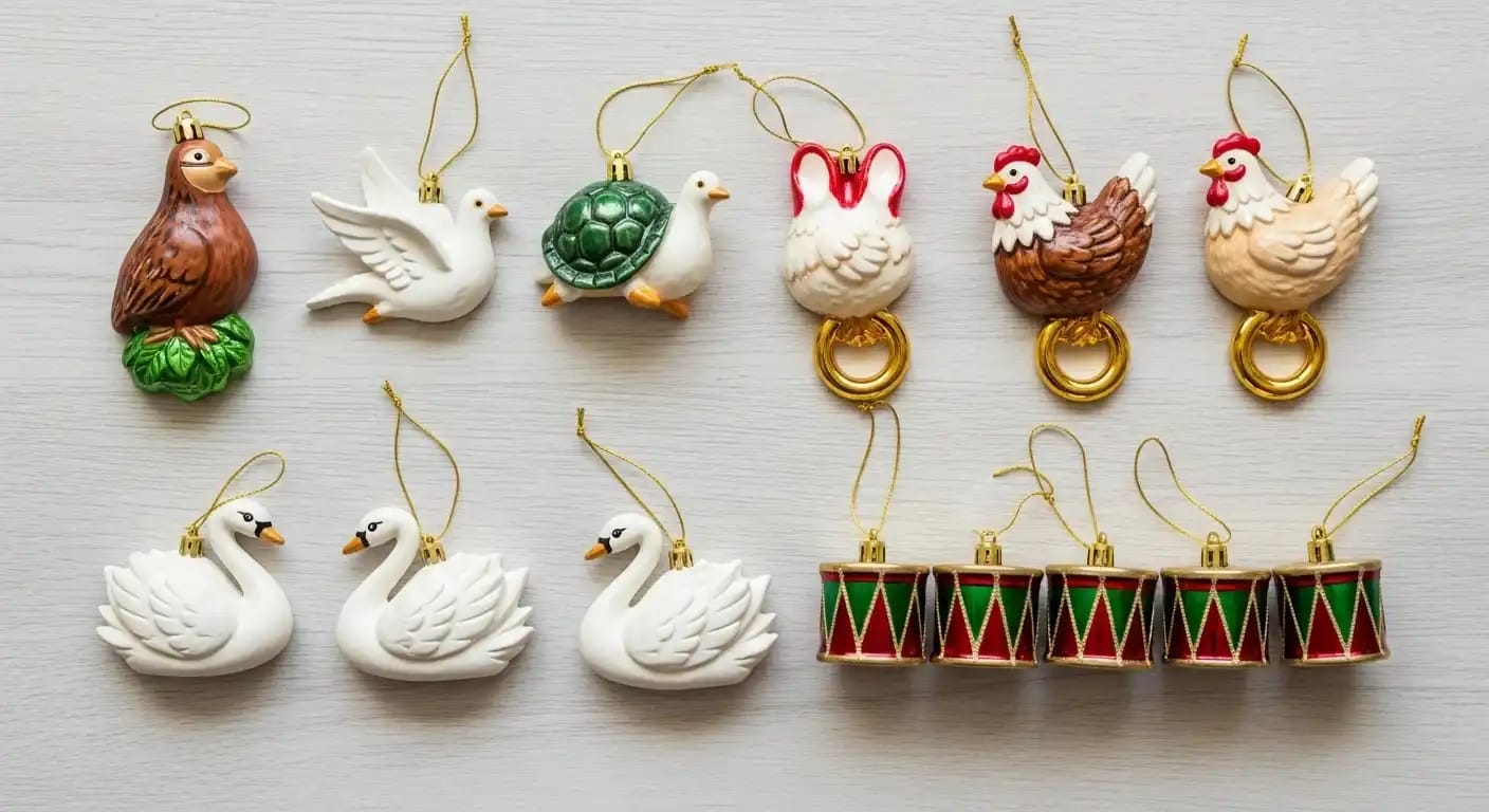 Close-up view of individual 12 Days of Christmas ornaments arranged on a holiday background