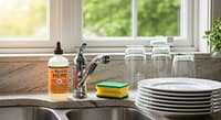 Mrs Meyers Dish Soap bottle placed near kitchen sink with clean dishes