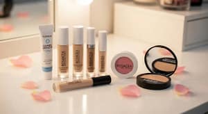 A variety of rosacea friendly makeup products on a vanity, designed for sensitive skin to reduce redness and irritation.