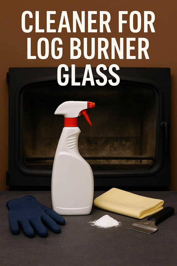 Cleaning supplies for log burner glass, including a spray bottle, gloves, yellow cloth, scraper, and a small pile of powder, placed in front of a dirty stove glass door with the title 'Cleaner for Log Burner Glass' above